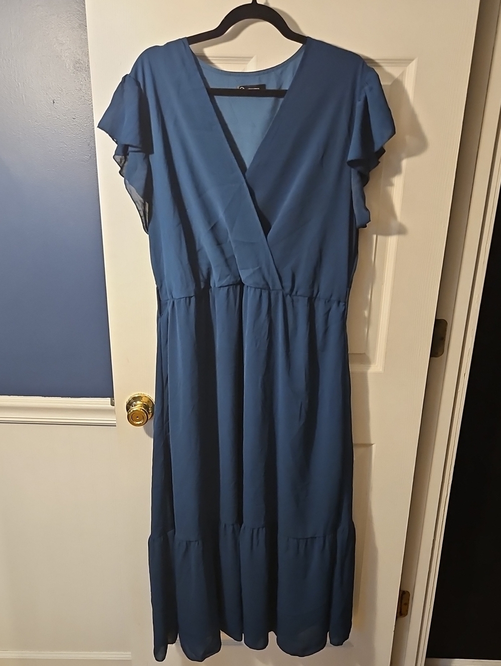 Pretty Garden Classic Flutter Sleeve Wrap Maxi Dress in Deep Blue